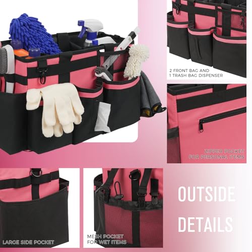 SCAVATA Wearable Cleaning Caddy, Cleaning Caddy Supplies Organizer with Handle & Shoulder Straps for Housekeepers, Under Sink & Car Cleaning Tool Organizers Bag with 4 Foldable Divider (OleanderRed) - color: OleanderRed