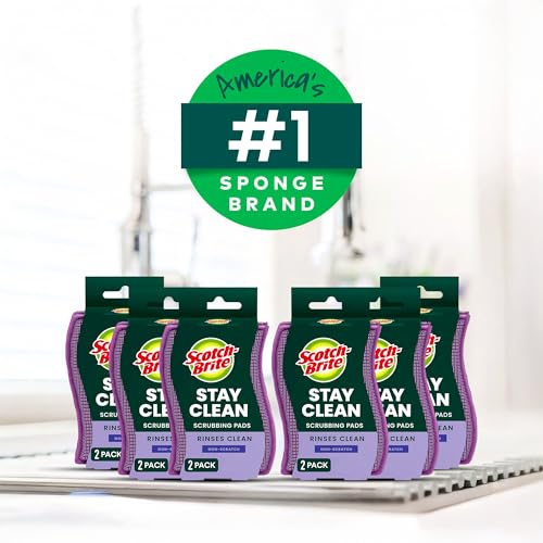 Scotch-Brite Stay Clean Scrubber Pads, Non-Scratch Dish Sponges for Kitchen Cleaning, 12 Count, Rinses Clean, Odor-Resistant, Safe on Non-Stick Cookware, Pots, Pans, and Glassware - size: 12 Pads