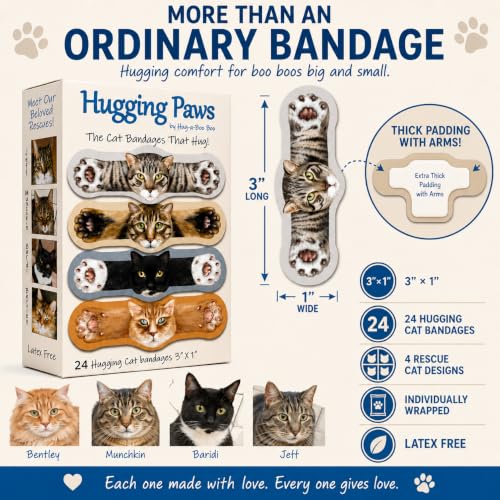 Hugging Paws – Cat Themed Bandages from Hug-a-BooBoo, The Friendly Kitty Bandages that Hug! Beautiful Wound Coverings Feature Paintings of Actual Rescue Cats! Great Cat Lover Gift! 24 Count Box - size: 24ct, style: Cats