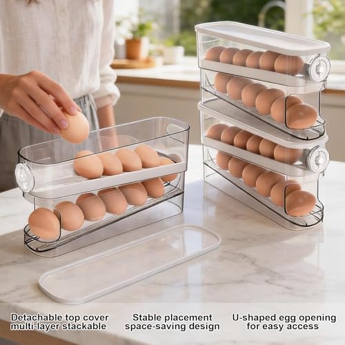 Auto Rolling Egg Holder for Fridge, Egg Dispenser/Organizer/Storage/Container with Lid & Date Timer for Refrigerator, Sturdy and Durable Space-Saving Egg Tray for 12 Large Eggs - size: With Timer