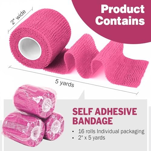 AZEN 16 Pack Self Adhesive Bandage Wrap Pink, 2" X 5 Yards Elastic Cohesive Bandage Wrap, Athletic Tape, Vet Wrap, Ankle Tape, Tattoo Grip Tape Wrap (Pink) - color: Pink, size: 2IN - 16Pack