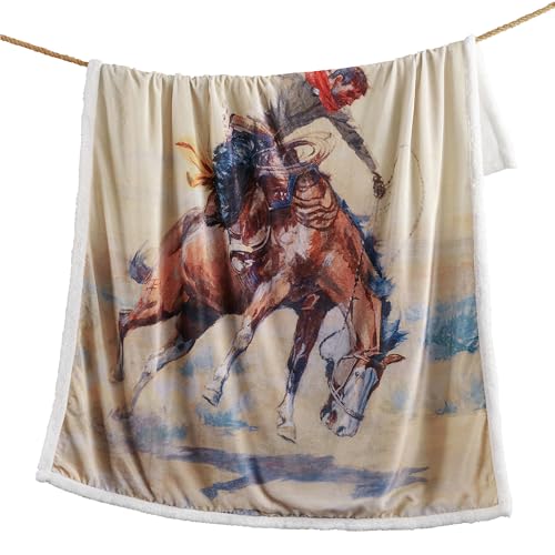 Paseo Road Indigo Hill by HiEnd Accents Buster 54x68 Cream Throw Blanket | Cowboy Horse Print, Rustic Southwestern Rodeo-Style Western Sherpa Fleece Blanket for Camping Outdoors - color: Buster
