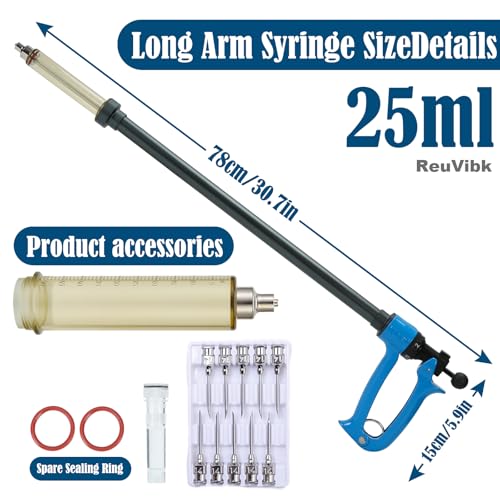 25ml Repeating Livestock Syringe Gun–Long Pole Veterinary Injector | with 5 Dose Settings, Ergonomic Grip, Clear Barrel & Luer Lock for Cattle, Horses, Goats, Sheep, Pigs - size: 25ML