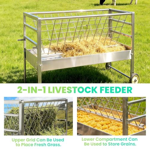 Rolling Hay Feeder with Grain Trough for Goats and Sheep 2 in 1 Freestanding Livestock Cart on Wheels Heavy Duty Galvanized Steel Construction Easy Move Across Pasture or Barn Floor