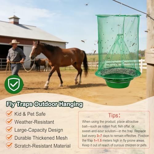 8 Pack Reusable Ranch Fly Traps Outdoor Hanging Fly Cage | Fly Catcher with Bait Tray, Fly Catcher Killer Hunter Cage Control, Farm Horse Stable Fly Trap for Orchard Barn Garden - size: 8 pack
