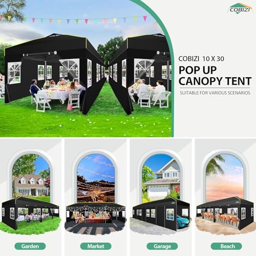 COBIZI 10x30 Pop Up Canopy with Sidewalls, One Push Easy Setup, Black | Canopy UPF 50+ Waterproof Gazebo Party Tents for Parties, Backyard, Commercial Event - color: Black(1-year warranty), size: 10x30 with Sidewalls