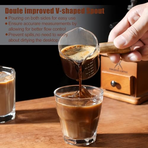 2 Pack Espresso Cups with Wood Handle, 75ML Double Spout Glass Measuring Cup with Dual Scale, Espresso Shot with V-Shaped Mouth, Clear Glass Espresso Accessories, Milk Frothing Pitcher
