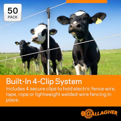 Gallagher 3/8" x 48" Fiberglass Step-in Electric Fence Posts 50 Pack | Holds Wire Polywire Polytape | Weatherproof & Lightweight | Portable Fence Posts for Livestock Gardens & Rotational Grazing