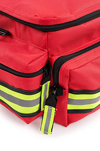 Scherber First Responder Fully-Stocked Professional Essentials EMT/EMS Trauma Kit | HSA/FSA Approved | Reflective Bag w/8 Zippered Pockets & Compartments & 200+ First Aid Supplies - Red - color: Red