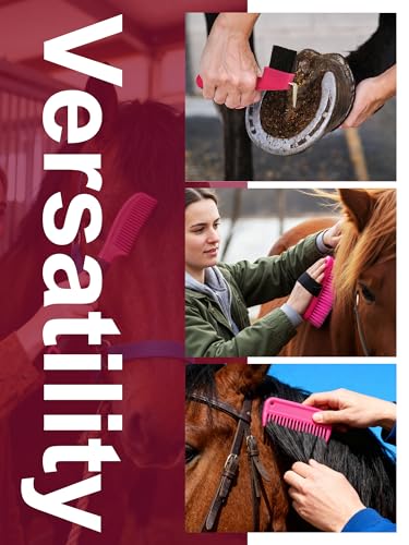 Horse Grooming Kit, Pink Storage Bag with 10 Piece Professional Equestrian Care Tools, Brushes, Combs, Scraper and Gloves (Pink)