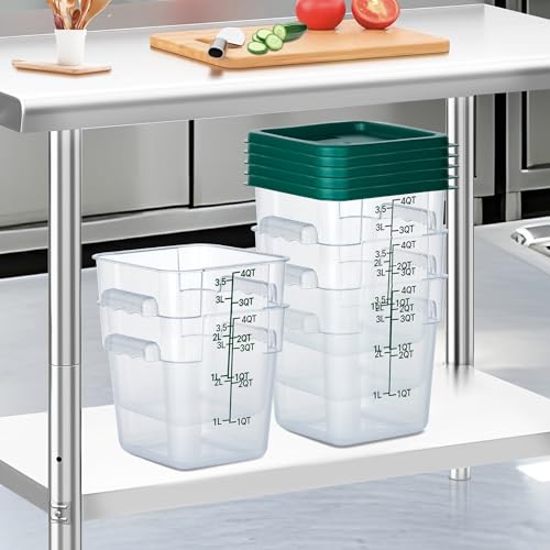 4 Pack 4 Qt Square Polycarbonate Food Storage Containers with Lids | Clear BPA-free PC with lids, side handles, measurement scale and stackable design; for food prep, storage and freezer use. - color: 4Qt
