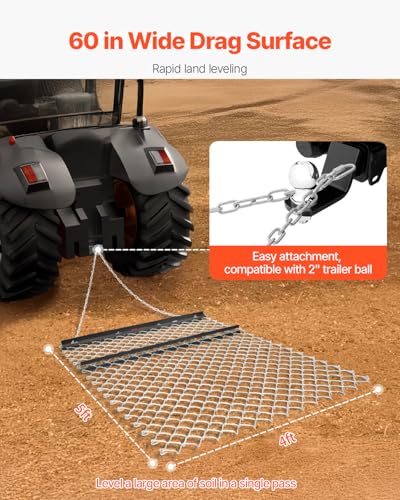VEVOR Drag Harrow, 4 x 5 ft Chain Harrow - Made from Q235 Steel, UTV Tractor Attachments for Landscape Leveling or Sod Prepping, Durable Harrow Rake for Gravel Driveway, Farm Field Garden Black - size: 4 x 5 ft