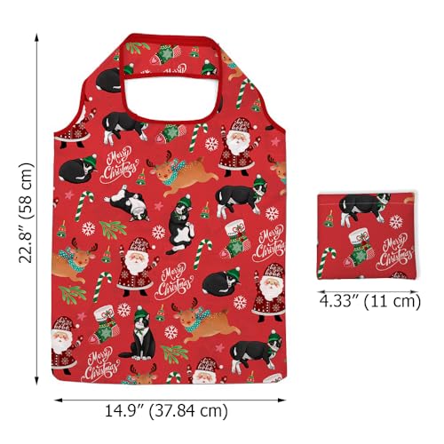 WIRESTER Reusable Grocery Tote Bag for Women, Foldable Shopping Bag, Cute Shoulder Bag, Beach Bag - color: Merry Christmas Black White Tuxedo Cat Playful