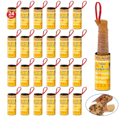 Outdoor Fly Trap Indoor Hanging 24pk, Sticky Fly Strips Tape Paper for Home | Flies Ribbon Rolls for Home Kitchen, Fruit & Bug Gnat Catchers for Inside, Killer for Winged Insect - size: 24 pack