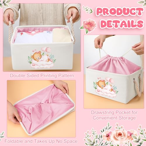 Pickmesh Baby Shower Storage Basket with Gift Bags Rectangular Ribbons Collapsible Canvas Storage Bin with Handles for Diaper Organizing Toy Home DIY Gift Basket, 13 x 9. 1 x 7. 1 Inch(Pink Bear) - style: Pink Bear