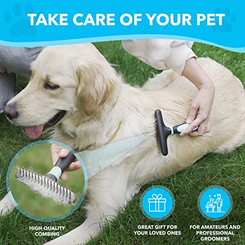 DOGI Deshedding Brush - Undercoat Rake for Dogs, Cats, Matted, Short, Long Hair Coats - Double Row Stainless Steel Pins - Reduce Shedding by 90% (Blue) - color: Blue