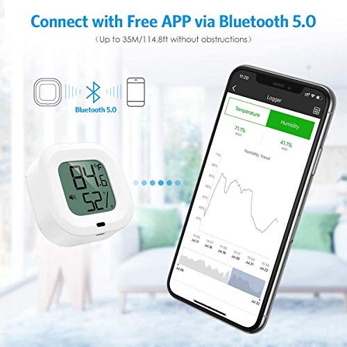 Bluetooth Thermometer Hygrometer, Smart Humidity Temperature Sensor | App alerts & data storage. Monitor for greenhouse, humidor, guitar case, incubator, and camera storage. - color: White