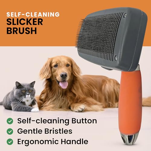 Self-Cleaning Slicker Brush for Dogs & Cats, Deshedding & Dematting | Retractable Bristles, Undercoat Tool for Long Haired Dogs, Non-Slip Handle, Detangler Comb for Mats & Shedding Fur - style: Slicker Dematting Comb