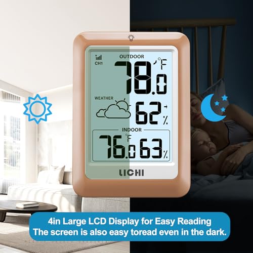 Indoor Outdoor Thermometer Wireless Weather Station, Internal External Thermometer Hygrometer, Home Batteryoperated Temperature Humiditymonitors330 Feet (About 100 Meters) Backlight Display (Khaki) - color: khaki
