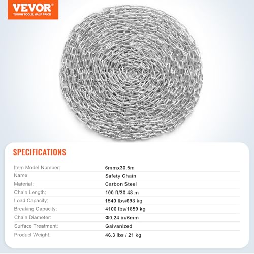VEVOR Grade 30 Chain 1/4 Inch by 100Ft Length Grade 30 Proof Coil Chain Zinc Plated Grade 30 Chain for Towing Logging Agriculture and Guard Rails - size: 1/4 Inch x 100 Ft