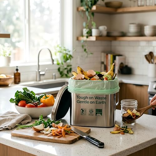 1.6 Gallon Compostable Food Scrap Bags with Handles, 55 Count | 6 liter small compost bags with handles for countertop kitchen food scraps. 55 count for everyday kitchen compost collection - color: 1.6Gal 55Pcs
