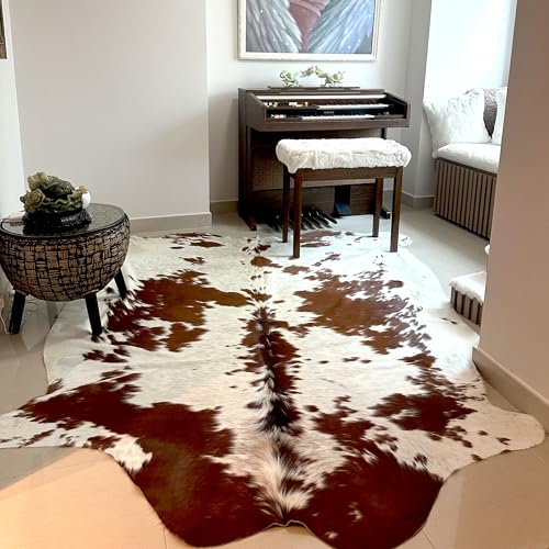 Chromatic Brown and White Cow Hide Rug 6x7 ft, Real Hide | Real cowhide rug, chromatic sheen on brown and white, no two alike. Cow skin statement anchor for modern interiors - color: Chromatic Brown & White, size: 6' x 7'