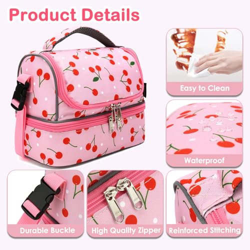 FlowFly Kids Double Decker Cooler Insulated Lunch Bag Large Tote for Boys, Girls, Men, Women, With Adjustable Strap, Cherry - color: Cherry