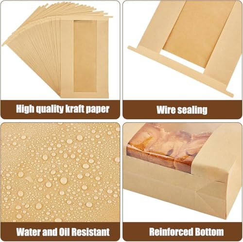 120 Pcs Paper Bread Bags for Homemade Bread with Tin Tie Tab Lock,Large Sourdough Bags Bakery Bag for Packaging Gift Giving,14" x 8.3" x 3.5",Clear Front Window,Includes 500 Sealing Stickers