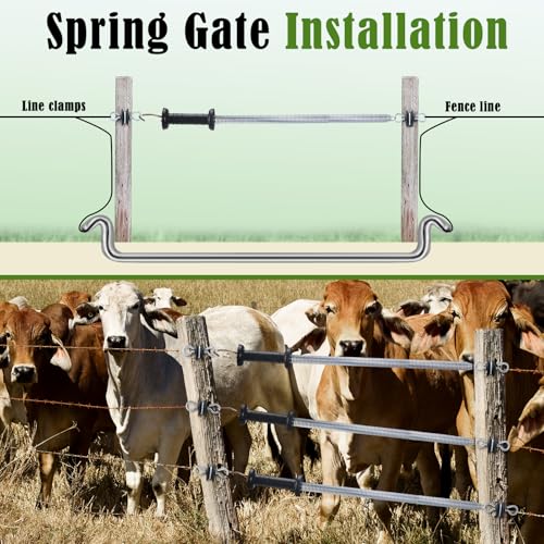 Hicarer 4 Set Electric Fence Gate Kit with Spring Handles & Screw-in Ring Insulators, 16ft Retractable Tension Spring for Farm, Ranch, Garden, Heavy Duty Black Electric Fencing Accessories for Safety