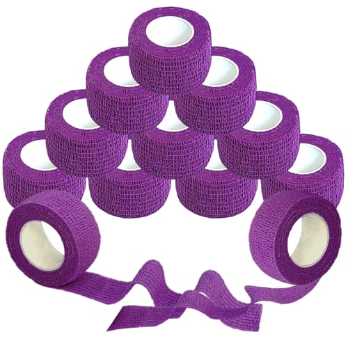 12 Pack Self Adhesive Wrap Bandage - Vet Wrap for Pets, Stretch Self-Adherent Cohesive Tape Breathable Athletic Tape Rolls (1 Inches x 5 Yards Each, Purple) - color: Purple