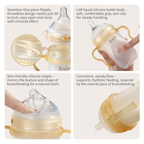 Kair Anti-Colic Baby Bottle Set Medium Flow 8oz for 6-9M L Nipple | 30° Twist Lock, Silicone Skin-Like Nipple for Newborn, with Cleaning Kit, 2 Pacifiers & Gravity Straw, New Parents Gift Box