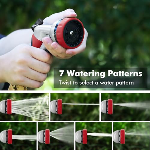 RESTMO Garden Hose Nozzle, Heavy Duty Metal Water Hose Nozzle with 7 Adjustable Spray Patterns, High Pressure Hand Sprayer with Flow Control, Best for Watering Plants & Lawns, Washing Cars & Pets, Red - color: Red