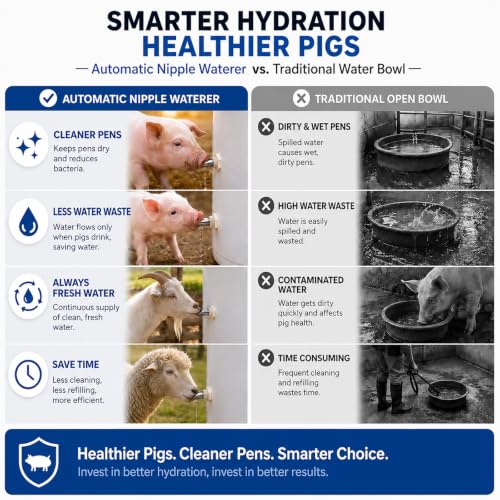 5pcs Pig Nipple Waterer for Barrel Kit – Automatic Stainless Steel Pig Drinker Feeder with Leak-Proof Connectors, Hole Opener Included, Easy DIY Installation Watering System for Pigs, Piglets, Goats