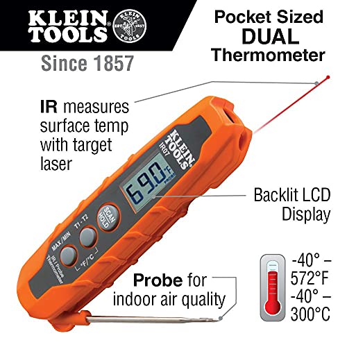Klein Tools IR07 Dual Infrared (IR) and Probe Pocket Size LCD Digital Thermometer & ET10 Magnetic Digital Pocket Thermometer