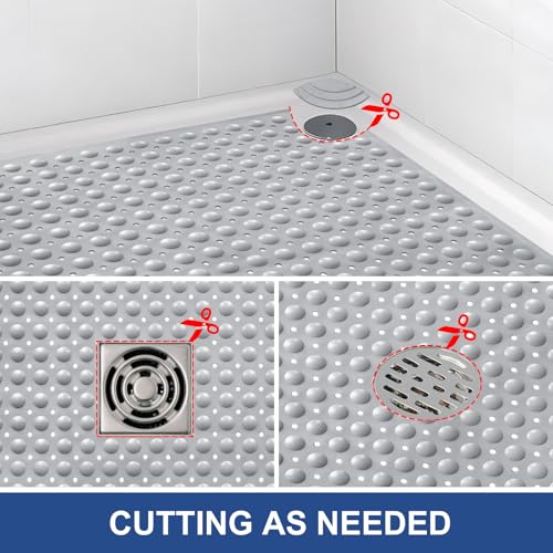 Shower Mat Non Slip: 47" x 32" Large Shower Mats for Inside Shower - Soft TPE Cuttable Anti Slip Shower Stall Mat with Drain Holes and Suction Cups - color: Gray, size: 47" x 32" (Rectangular)