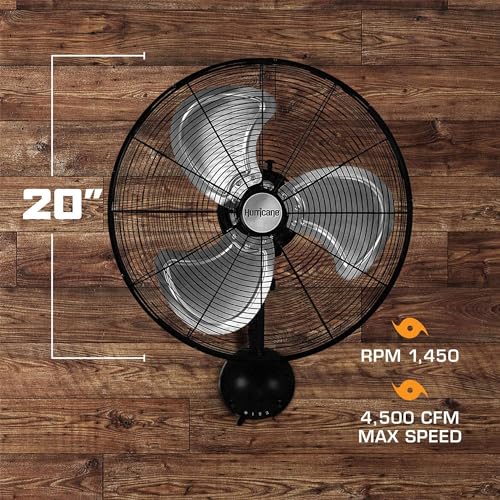 Hurricane Pro High Velocity Oscillating Wall Fan, 3 Speeds, Black, 20in | Metal - Wall Mount Corded Electric Air Cooling Unit w/ Powerful 4500 CFM Airflow for Home, Garage, Gym, Workshop & Greenhouse - style: 20" Pro Series