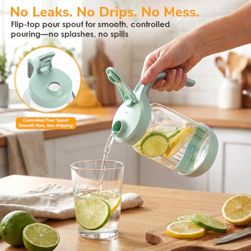 32 oz (1 Qt) Glass Mason Jar Pitcher with Pour Spout Lid & Handle | Airtight Leak-Resistant Flip-Top, Wide Mouth for Ice & Fruit, Non-Slip Silicone Base, Measuring Marks, Fridge Water/Iced Tea - color: Gray, size: 32 Ounces