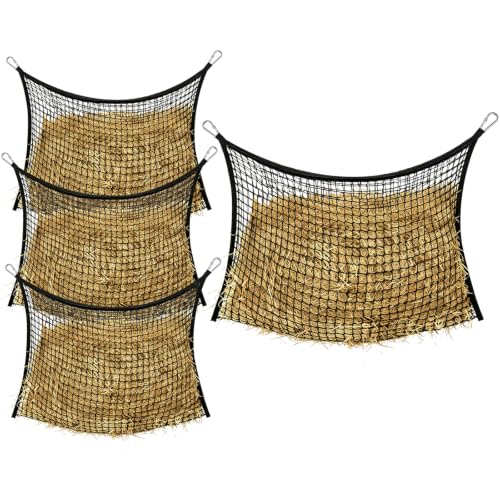 4Pcs Slow Feed Hay Net for Horses, Durable Hanging Hay Bag with Clips for Horses Goats Donkeys Sheep, Easy Loading, Large Capacity, Fits Stall & Trailer, 35" x 31", Black