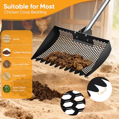 12inch Chicken Poop Scooper & Rake 2-in-1 with Adjustable Handle | Heavy Duty Metal Chicken Coop Scoop for Sand, Adjustable Angle Stainless Steel Chicken Coop Rake Litter Sifting Shovel 37-64" - color: Black