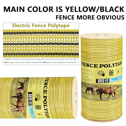 Electric Fence PolyTape Horse Fencing Tape 1312 Feet 400m, High Visibility 0.8 Inch 20mm Width, 6 Strong Stainless Steel Conductors, Yellow and Black, Equine Horse Livestock Electric Fencing