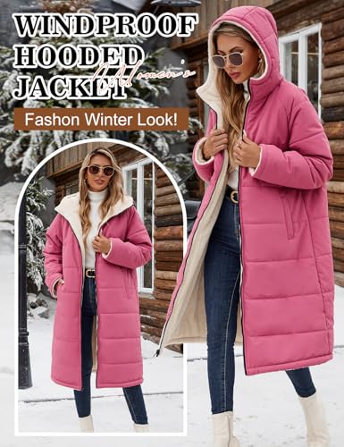 Yusongirl Women's Reversible Long Winter Puffer Coat with Hood and Fleece | Two wearable sides for winter commutes, school runs and city errands, with quilted warmth, soft fleece, a hood and pockets - color: Brick Red, size: XX-Large