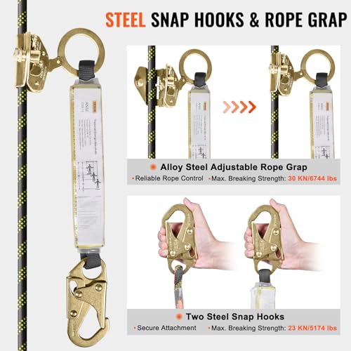 VEVOR Vertical Lifeline Assembly, 0.55'' x 100' Fall Protection Rope with 30 KN Breaking Tension, Polyester Roofing Rope with Steel Snap Hooks, Rope Grab, and Shock Absorber, ANSI Compliant - size: 100FT