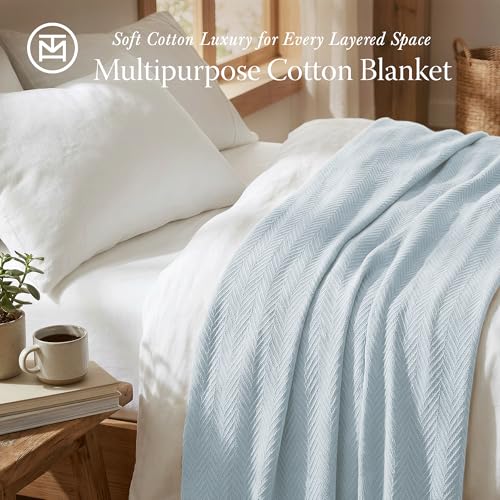 Threadmill Luxury Cotton Blankets for King Size Bed | All-Season Cozy 100% Cotton King Size Blanket | Herringbone Soft Fall Thermal Blanket fits Cal King Size Bed | Light Blue | All-Season Thermal Blanket, Soft & Breathable, Cozy Moisture-Wicking, OEKO-TE