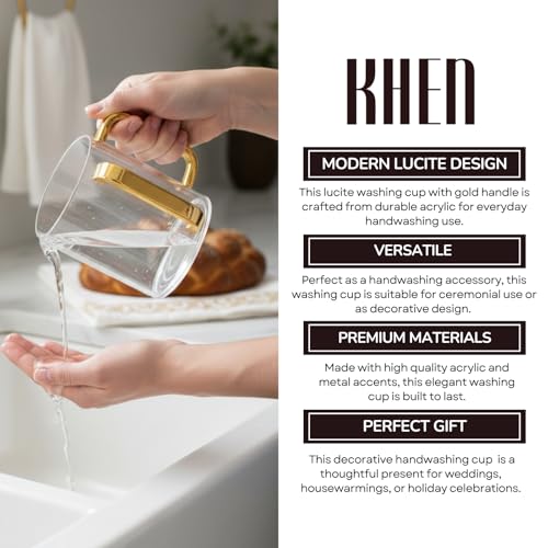 Khen Lucite Washing Cup with Gold Handles | Acrylic Handwashing Vessel | Modern Clear Mug Luxury Bathroom Sink Accessory | Decorative Stylish Household Essential | Elegant Plastic Jug - color: Gold