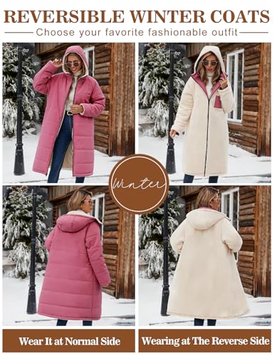 Women Winter Coats Fleece Long Coats Jackets Oversized Warm Down Jacket with Hood - color: Brick Red, size: XX-Large