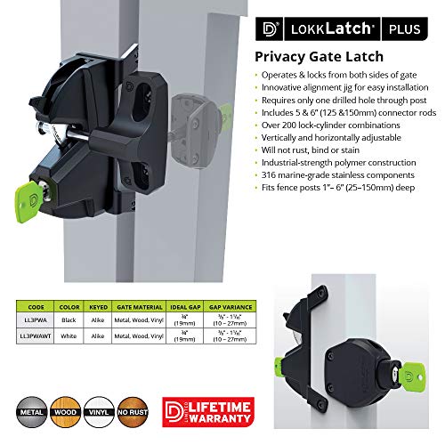 D&D LL3PWA LokkLatch Plus Gate Latch Lockable On Both Sides of Gate Black | Privacy gate latch, key lockable on both sides of the gate. Fits square frame post. Metal, wood, vinyl fence gates.