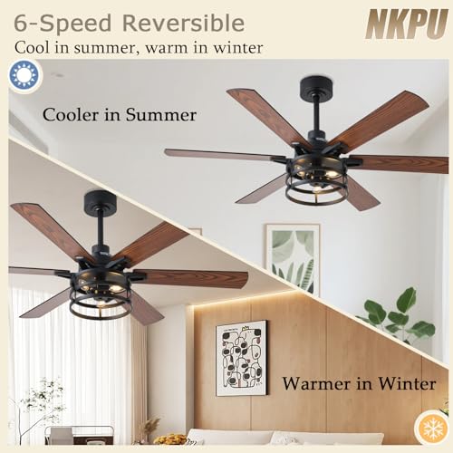 NKPU 52 Inch Farmhouse Ceiling Fan with Light and Remote, Brown Industrial Caged Rustic Ceiling Fan with 6 Speed Reversible Motor and Dual Finish 6 Blades, Rustic Ceiling Fan for Living - color: Brown