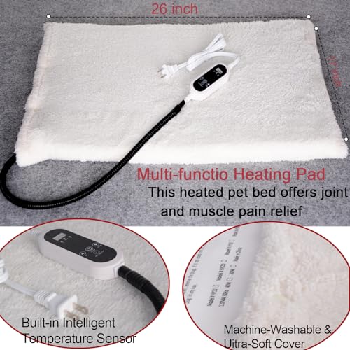 Pet Heating Pad,LED Real-Time Display of Heating Pad Temperature,Heaed Bed for Dogs Cats,Preset Temperature and time.with Includes Soft Washable Fleece Cover,17 "X 26" - size: 17*26