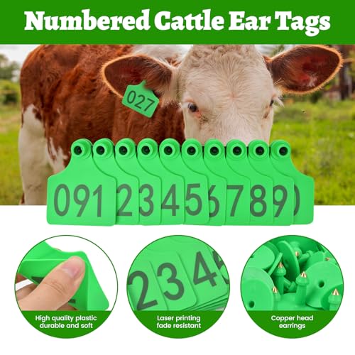 100 Numbered Cattle Ear Tags Large Animal Identification Tags TPU Livestock Ear Tag for Cattle Cow Horse Hog Pig Goat Sheep Applicator Kit (001-100 Green)