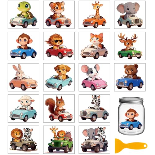 GLOBLELAND 18 Sheets Driving Animals Cars Transfer Sticker for Cup Crafts 3.9x3.6 inch Cute Cat Dog Truck Decal Stickers Rabbit Bear Driver Rub on Transfers for Bottle Vase Glass Furniture Decor - style: Animals Cars